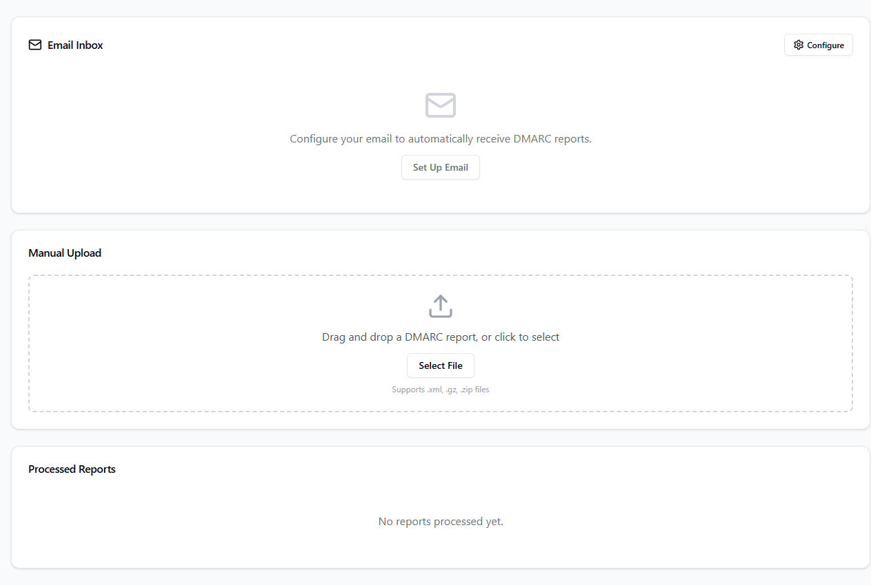 DMARC aggregate report upload interface with email inbox integration and manual XML upload options